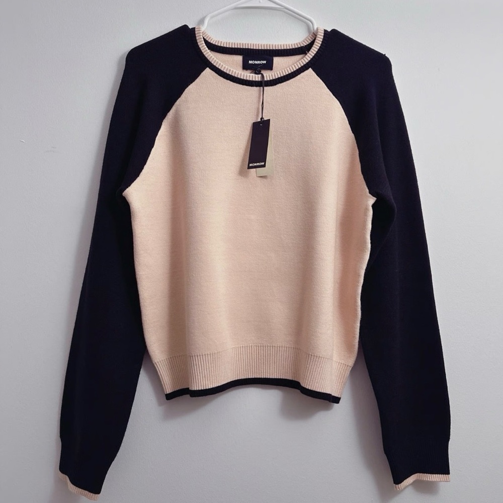 Monrow Crew Neck Color Super Soft Block Sweater in Cream & Black NWT